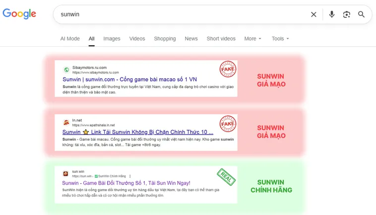 Chữ “SUN.win” trên logo thật rõ ràng, font chữ đồng bộ, trong khi logo giả thường sai font hoặc thêm ký tự lạ.