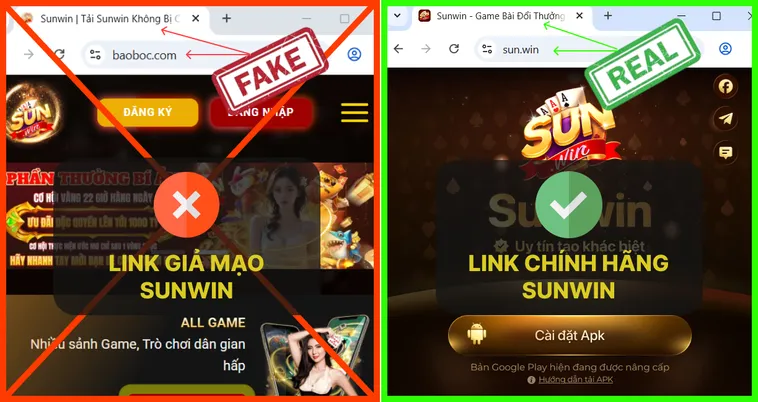 Khi so sánh trực tiếp, logo và trang chủ thật tạo cảm giác chuyên nghiệp, trong khi bản giả trông tạm bợ và thiếu tin cậy.